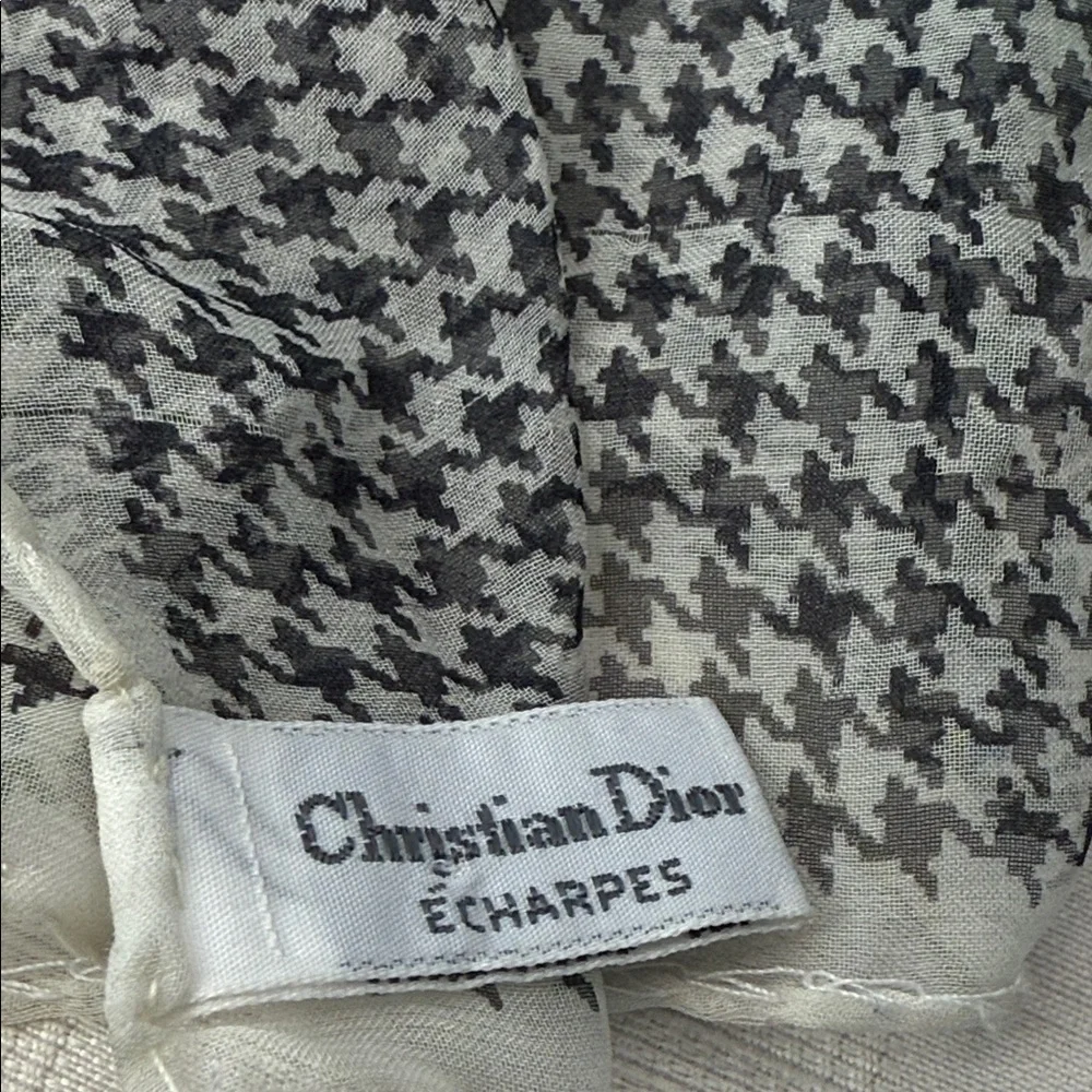 Vintage Christian Dior Houndstooth Scarf /wrap with Green Rose